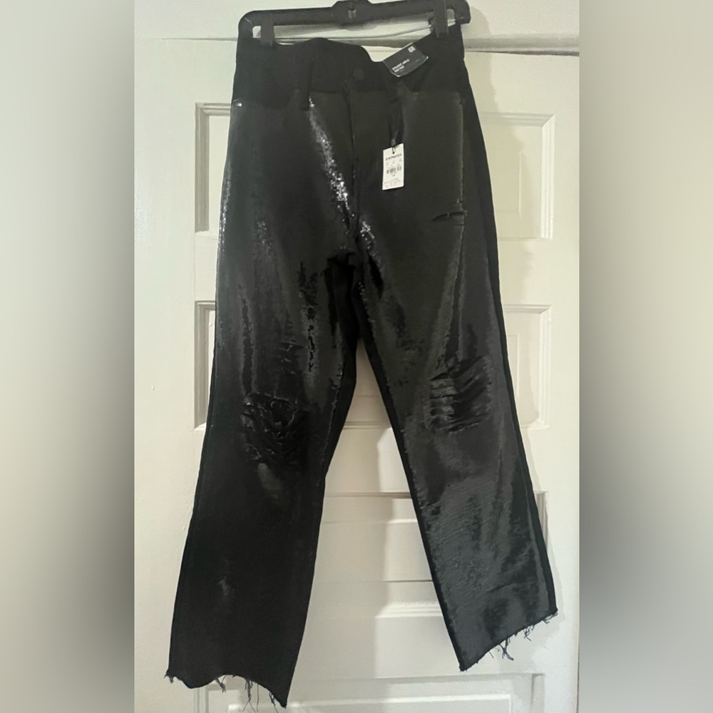 NWT Express High Waisted Sequin Front Ripped Raw Hem Straights Ankle High Rise